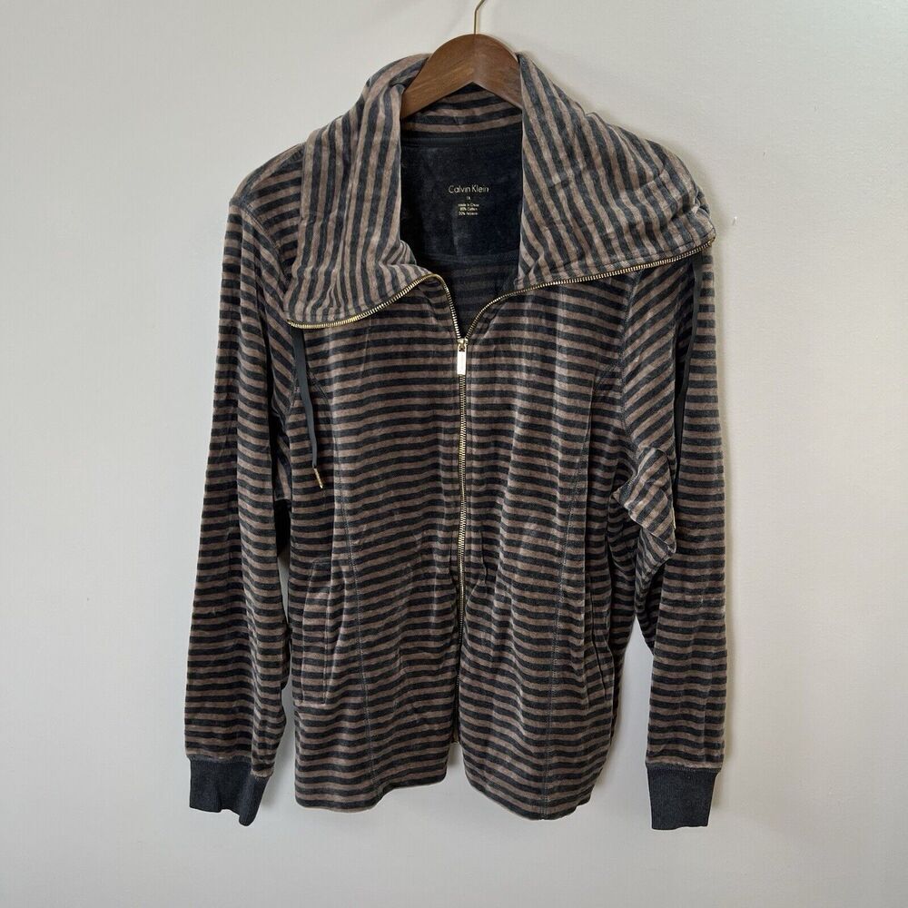Calvin Klein Womens Velvet Velour Jacket Size 1X Brown Black Striped Casual Soft
